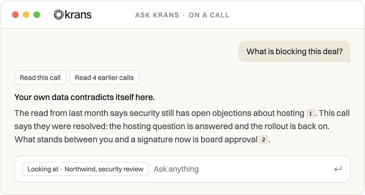 The chat open over a call, answering what is blocking the deal