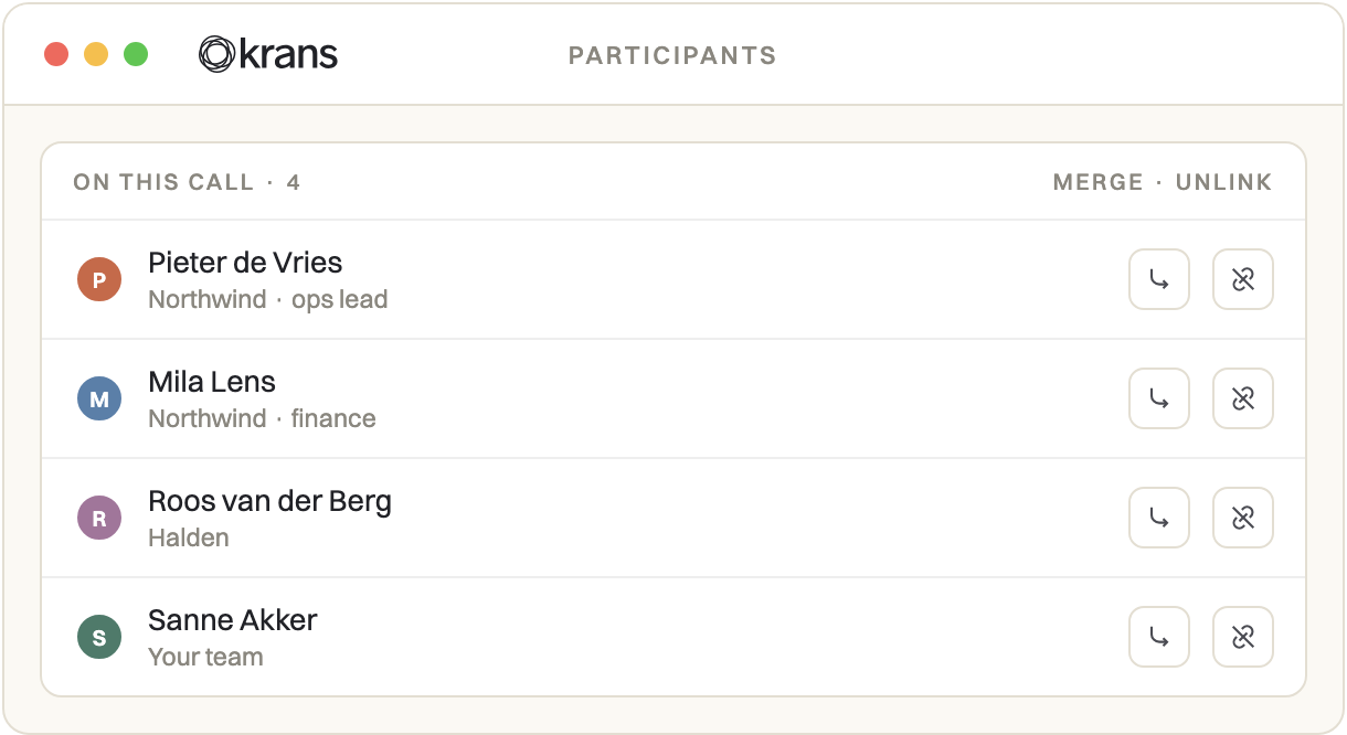 The Participants panel on a call, with merge and unlink on each person